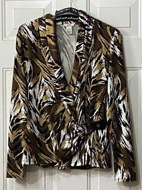 Cache Sz M Women's Wrap Knit Blouse Top Long Sleeve Brown/White/Black Animal
